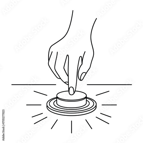 Hand pressing a glowing button with light rays