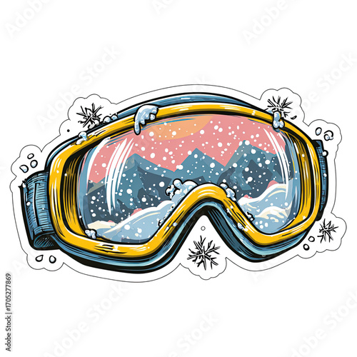 Retro Ski Goggles Illustration with Snowy Mountain Reflection and Sunset