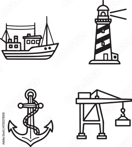 Outline Icons Depicting Maritime Themes: Fishing Boat, Lighthouse, Anchor, and Port Crane