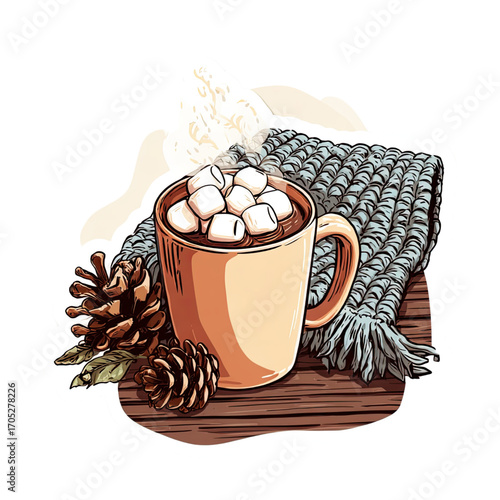 Cozy hot chocolate sticker illustration with pinecones and warm scarf