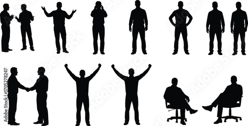 Business people silhouettes standing, talking, celebrating success, shaking hands, sitting on office chairs, professional teamwork and communication vector illustration