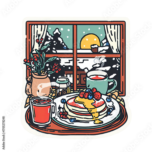 Warm Winter Breakfast Scene with Pancakes and Hot Beverages