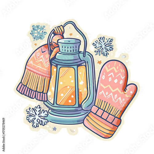 Retro Vintage Sticker of Cozy Winter Lantern and Mittens