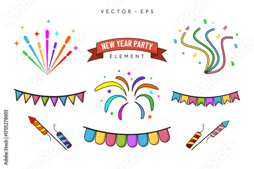 A collection of New Year's party elements such as flying firecrackers, exploding confetti, and hand-drawn pennant flags