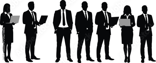 Business professionals silhouettes standing in formal suits holding laptops, confident corporate team, office workers, modern business people vector illustration