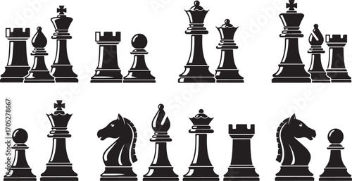 Classic Black Chess Pieces Collection Silhouettes on White Background
