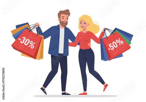 A couple laden with shopping bags marked with discount percentages walk arm in arm
