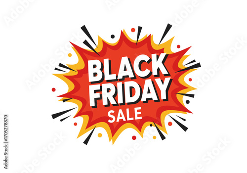 A jagged explosionshaped graphic advertises a Black Friday sale with white text