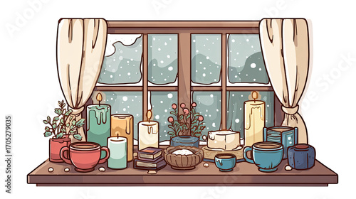 Cozy Window Sill Decor with Candles and Warm Drinks in Winter