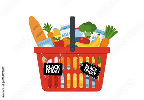 A red shopping basket filled with groceries marked with Black Friday tags
