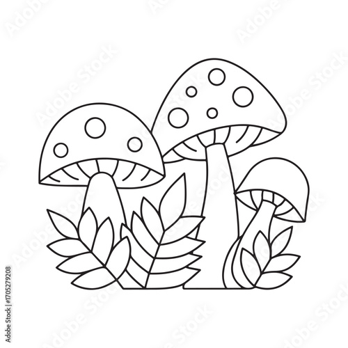 Group of stylized mushrooms with leaves in black and white outline fungi toadstool