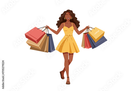 A woman holds shopping bags wearing a yellow dress smiling against a white background
