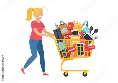 A woman pushes a shopping cart overflowing with items labeled Sale and Discount