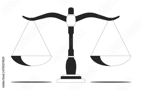 Balanced justice scale 2D line object. Fairness, law, equality and legal judgment. Balance weight comparison. Courtroom symbol isolated clipart vector ink outline item. Monochrome spot illustration