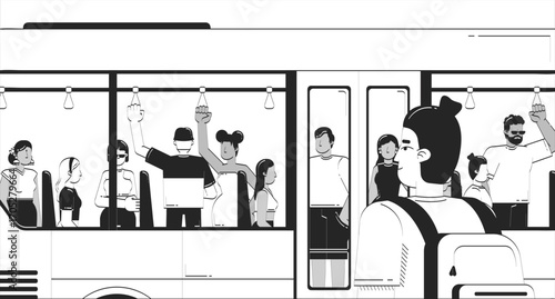 Waiting for bus happy doodle lineart illustration. Crowded public transport. Male commuter with backpack watching boarding bus 2D line ink characters on white. Monochrome vector outline hand-drawn
