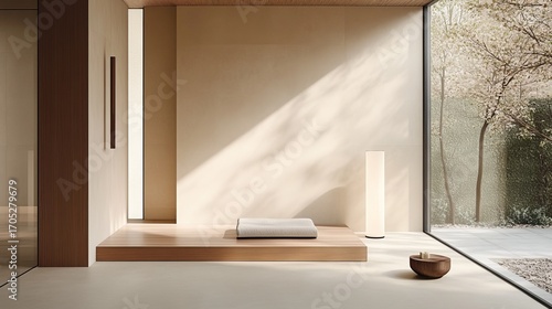 Minimalist zen interior with sunlight filtering through a large window, showcasing tranquility and simplicity