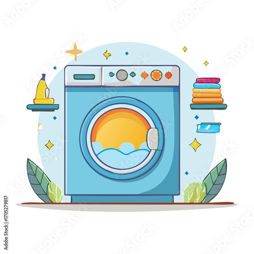 Cartoon Washing Machine with Laundry Items and Detergent on Shelves Ready for Wash Day