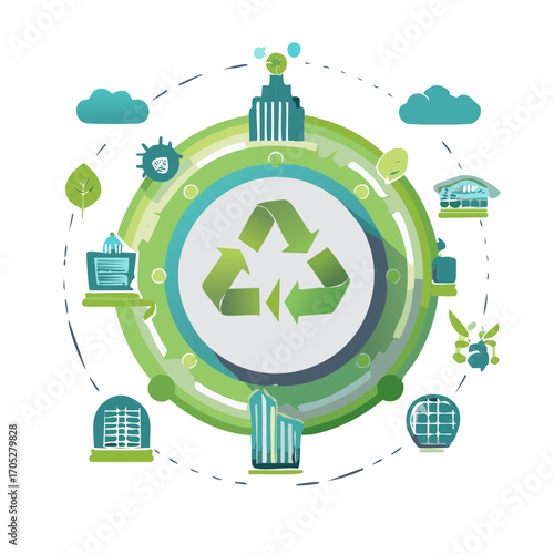 Eco-friendly buildings around a recycle symbol and green cycle design