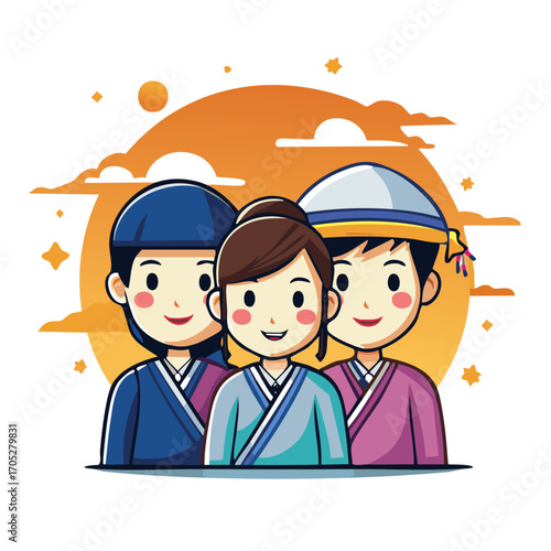 Cartoon illustration of three people with smiling faces wearing traditional attire and smiling