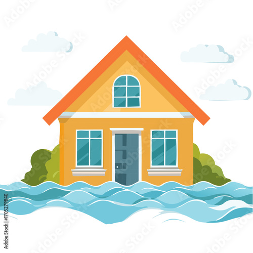 House submerged in water, illustration on flooding disaster