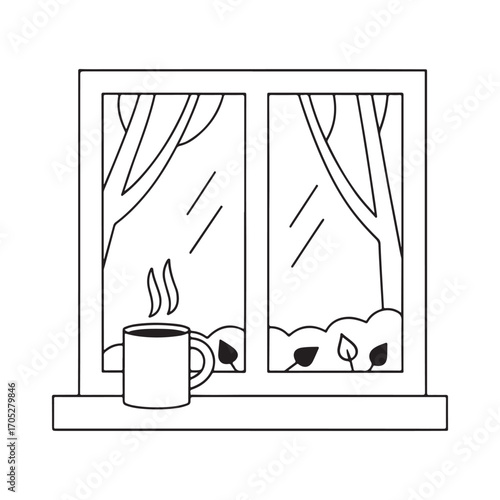 Steaming Cup Of Coffee On A Windowsill With Autumn Trees Outside Keywords: coffee, cup, mug, hot drink, steaming, window, windowsill, autumn, fall, trees, leaves, nature, landscape, indoors