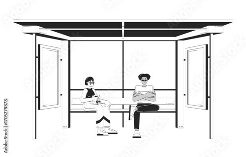 Two diverse young adults waiting at bus stop doodle linear characters. Seated people on bench at busstop. City commute 2D vector outline people isolated. Hand drawn drawing illustration monochrome