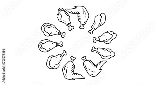 Circular arrangement of fried chicken pieces in a simple silhouette style