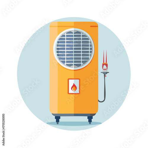 Vertical orange household water heater boiler with igniter and heat flame symbol flat graphic design