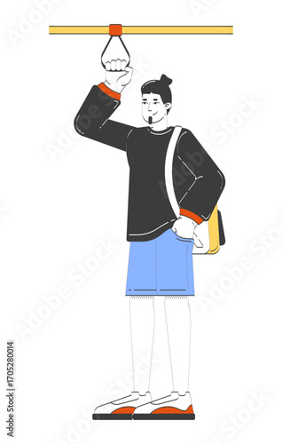 Casual caucasian man standing and holding hanging strap on train 2D doodle character. Transport passenger with goatee beard cartoon person vector drawing isolated on white. Hand drawn illustration