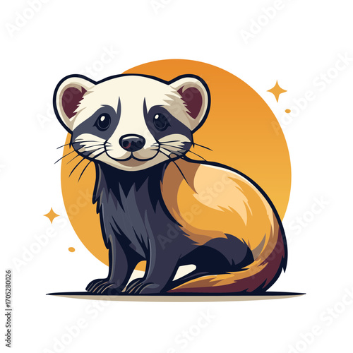 Cute cartoon ferret sitting against a warm orange circle with stars
