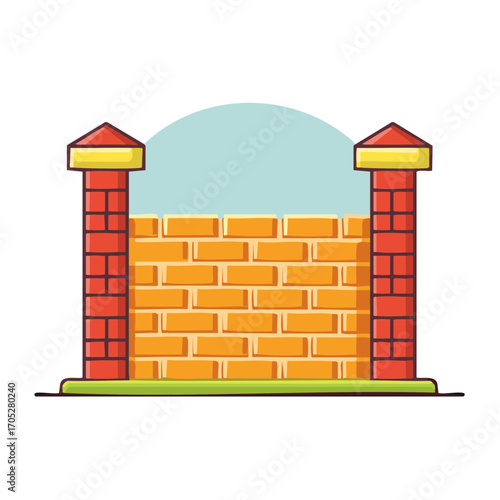 Cartoon brick wall barrier with two posts and green grass backdrop. Colorful illustration depicting sturdy construction and design.