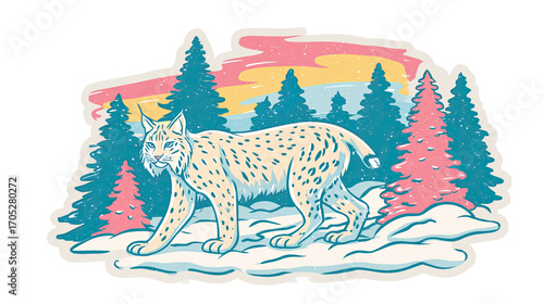 Pastel Retro Sticker Illustration of a Lynx in a Snowy Forest