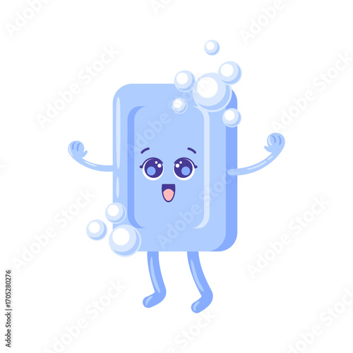 a cute kawaii character blue soap piece, soft pastel tones, bubbly eyes, rosy cheeks, simple round shapes, friendly and cheerful vibe for a branding vector illustration.
