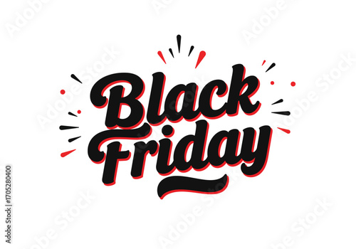 Black Friday text in cursive with red shadow and starburst on a white background
