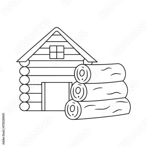 Simple outline drawing of a log cabin with a stack of firewood house dwelling