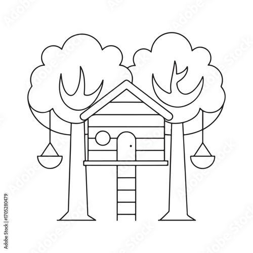 Cartoon treehouse with two swings hanging from adjacent trees cabin wooden house