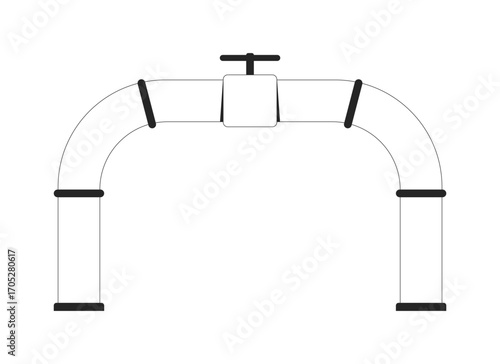 Industrial gas pipeline with control valve 2D line object. Pipe flow regulation. Oil transport. Petroleum line. Mechanical joint isolated clipart vector ink outline item. Monochrome spot illustration