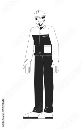 Caucasian male offshore platform engineer 2D line character. Refinery staff. European oil industry worker in hardhat, work uniform isolated vector ink outline person. Monochromatic spot illustration