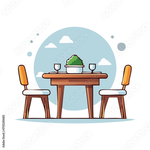 Illustrated dining table set for two with chairs glasses and green plant centerpiece