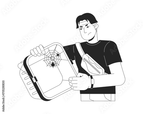 Product deficit line illustration concept. Scarcity of goods. Disappointed asian man looking at empty shopping basket with cobwebs outline 2D character isolated. Ink linear metaphor vector art