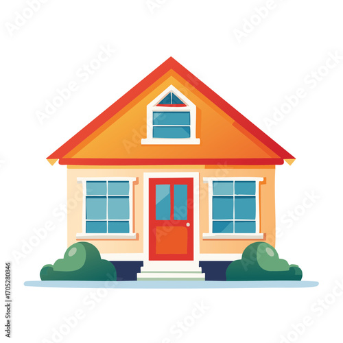 Vibrant flat design illustration of a cozy residential house with a red roof and welcoming front door.
