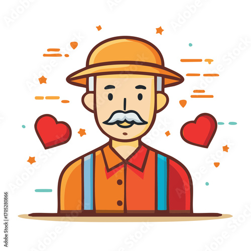 Friendly Man with Mustache and Hat Holding Hearts with Stars