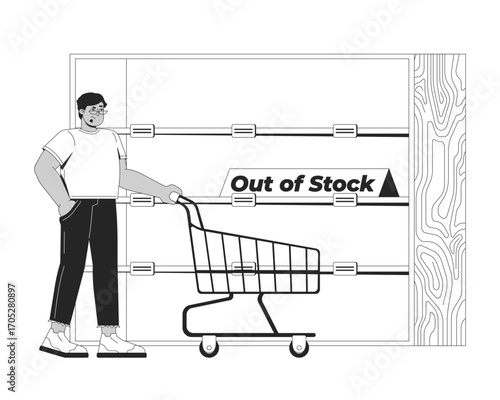 Out of stock shelves in store line illustration concept. Arab man with empty cart facing supermarket supply shortage, inflation issues outline 2D character isolated. Ink linear metaphor vector art