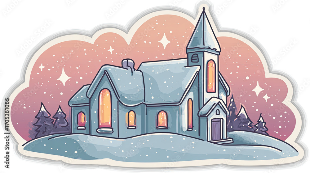 Fototapeta premium Charming Retro Sticker Illustration of a Snowy Church on a Hill