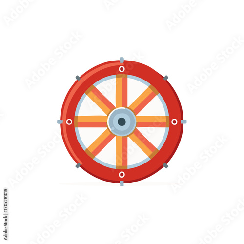 Decorative Wooden Wheel with Red Rim and Spokes Flat Illustration Graphic