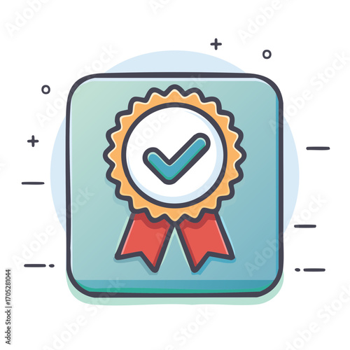Checkmark award badge signifying quality excellence success and verified achievement doodle illustration