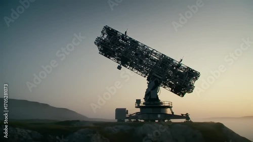 A sophisticated military radar system stands guard on a coastal hill at twilight, scanning the horizon for potential threats