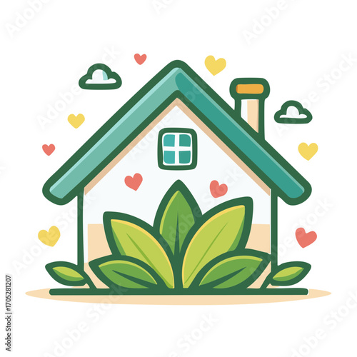 Stylized green house with lush plants floating hearts and clouds symbolizing eco friendly comfortable living