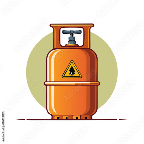 Orange gas cylinder with warning symbol and valve for fuel energy or industrial use
