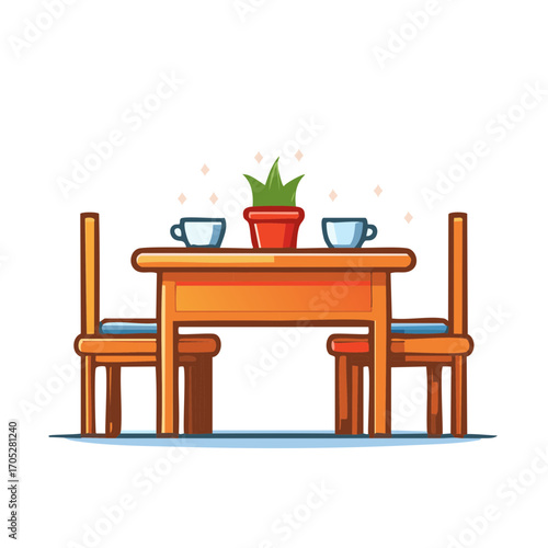 Inviting Wooden Table Setting for Two with Cups and Green Plant Cartoon Art